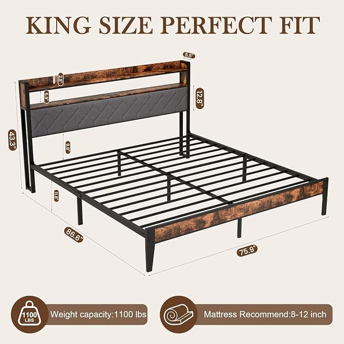 King Size Bed Frame with Charging Station, King Bed Frame with Upholstered - Image 2