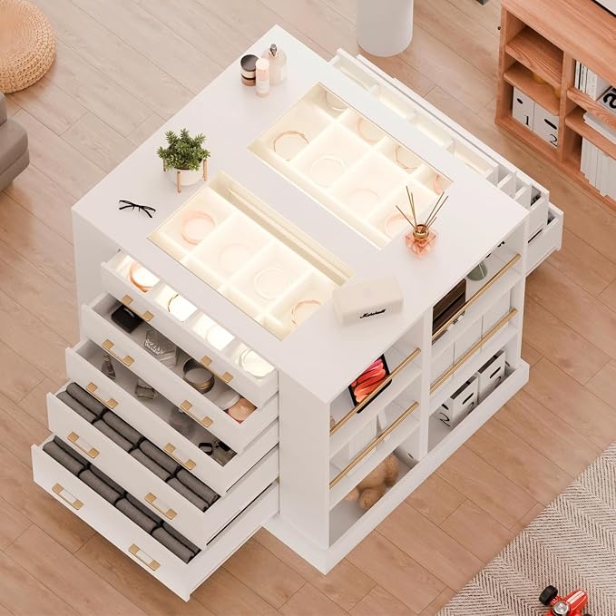 Drawer Dresser with LED Lights and Open Shelves, Modern Tempered Glass Top - Image 6