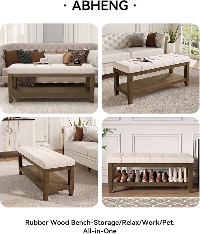 ABHENG Solid Rubber Wood Shoe Bench, Soft Chenille Material Upholstered Seat - Image 7