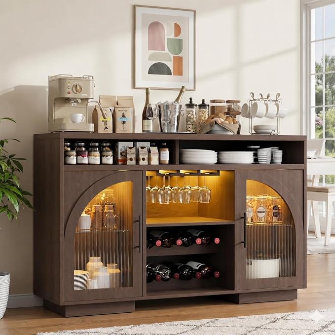 Wine Bar Cabinet, Arched Glass Doors, Wine Rack, Adjustable Shelves, Sideboard by SOLACEFURNITURE