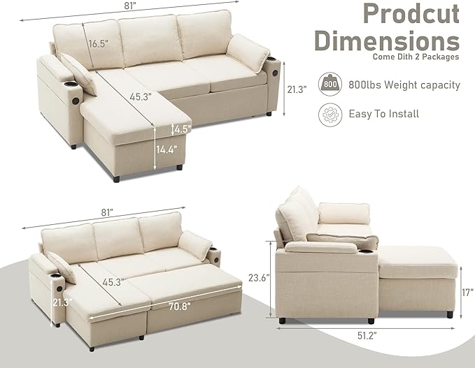 DURASPACE Sofa Bed Sleeper Pull Out 2 in 1 Sectional Sleeper Sofa Couches - Image 2