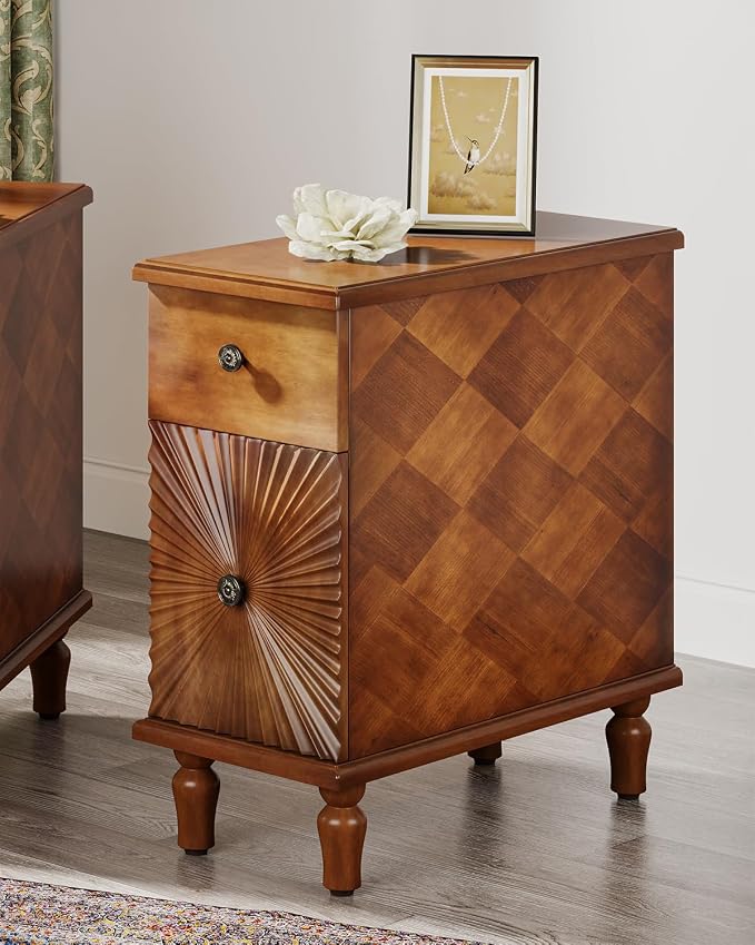 Solid Wood Sunburst End Table, No Assembly Required 2 Drawers Sofa Side Table by Trggivs