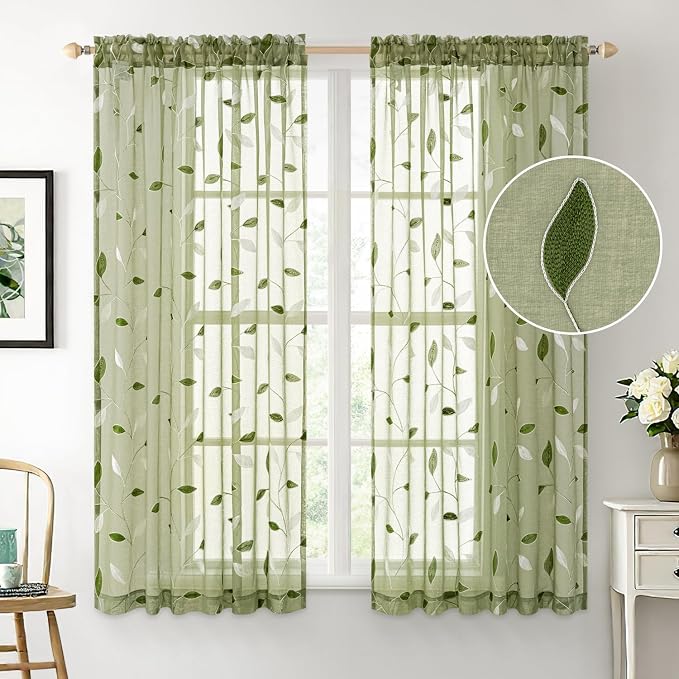 MIULEE Sage Green Sheer Curtains 2 Panels Leaf Patterned, W52 x L54 | - Image 2