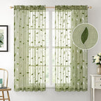 MIULEE Sage Green Sheer Curtains 2 Panels Leaf Patterned, W52 x L54 | - Image 2