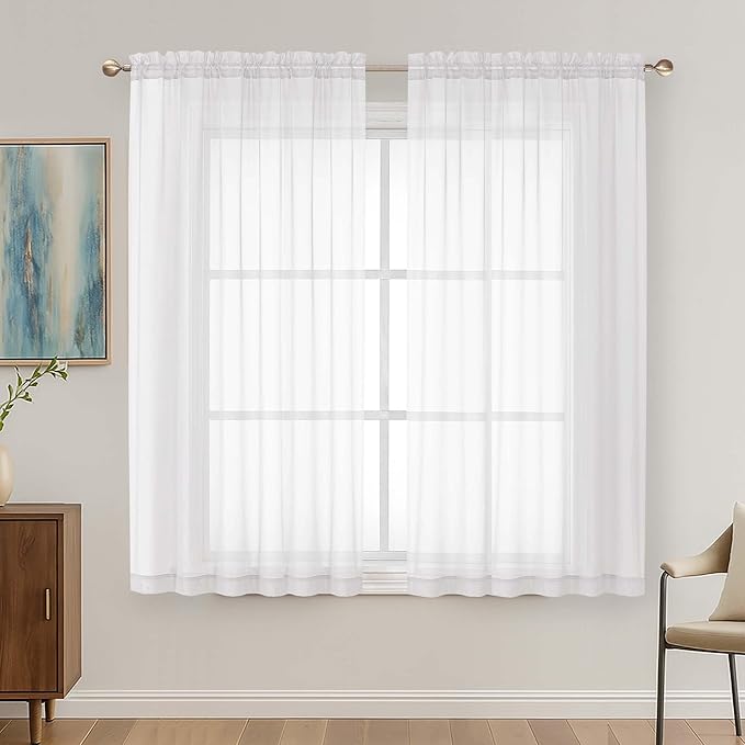 White Sheer Curtains 63 Inches Long 2 Panels Set, Light Filtering Sheer Curtains by OVZME