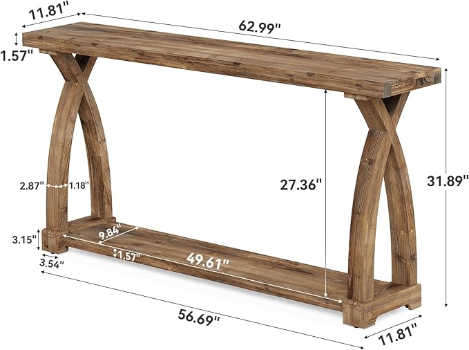 Solid Wood Console Table for Entryway, 63-Inch Narrow Farmhouse Couch Table - Image 2