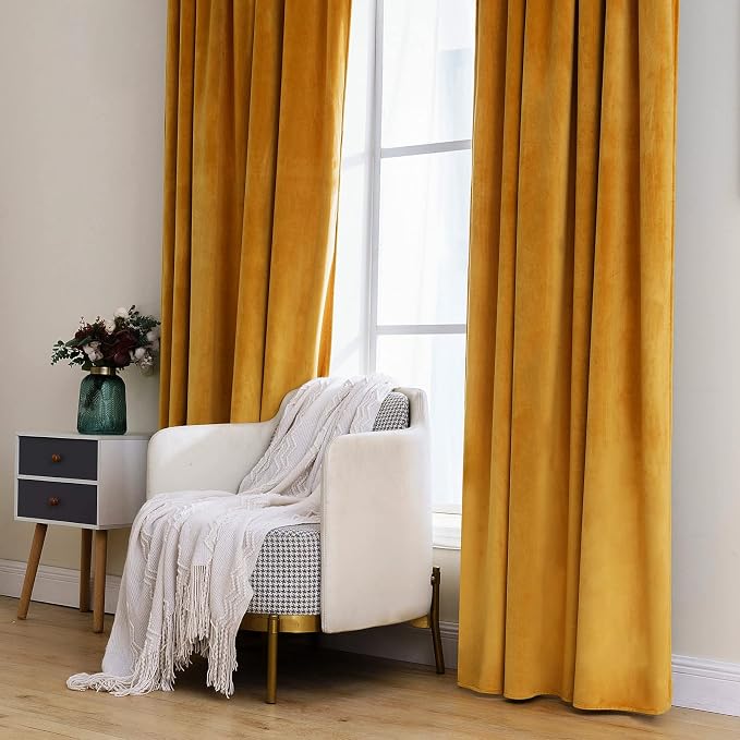 MIULEE Velvet Blackout Curtains 52x72 inches 2 Panels Mustard Yellow | Luxury - Image 7