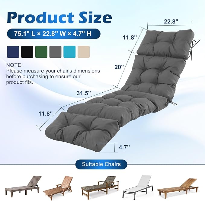 Chaise Lounge Cushions Outdoor, Waterproof & Fade Resistant Patio Lounge Chair - Image 2