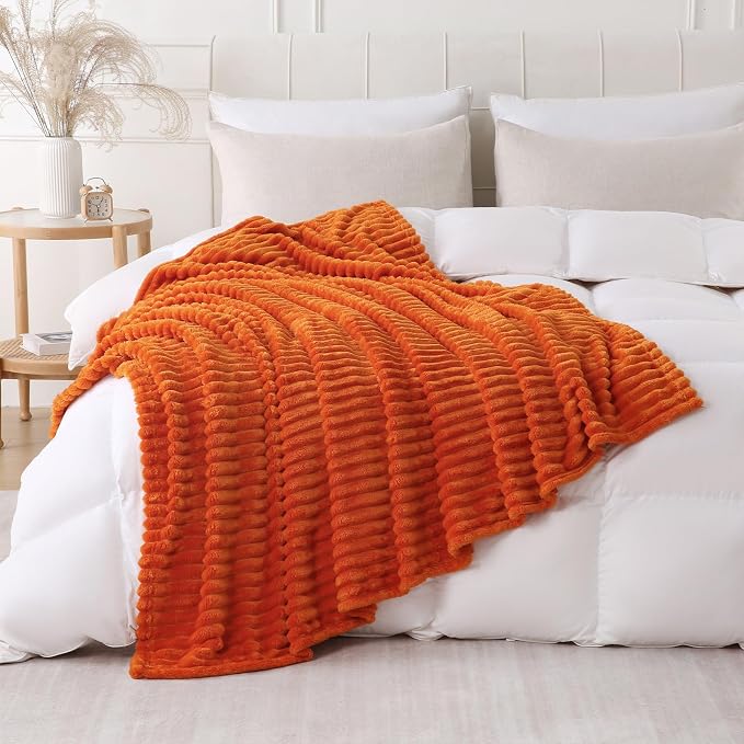 Orange Throw Blanket for Couch Sofa 60x80 inches Striped Design | Fleece - Image 4