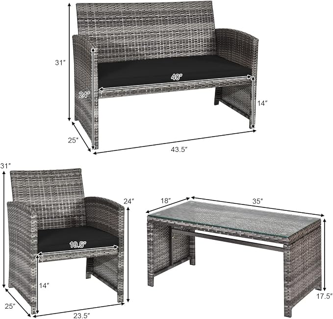 Tangkula 4 PCS Wicker Patio Conversation Set, Outdoor Rattan Sofas - Image 5