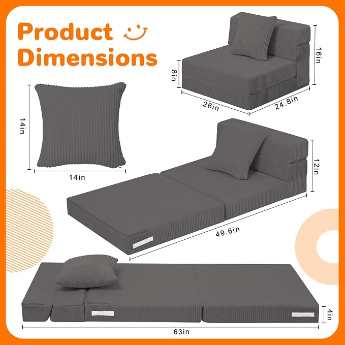 MeMoreCool Kids Folding Sofa Chair – Corduroy Floor Futon, Tri-Fold Mattress - Image 5