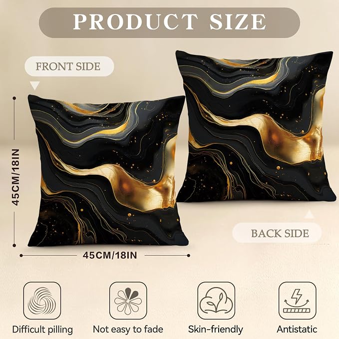 OBSEDE Abstract Black Gold Marble Decorative Throw Pillow Covers 18 × 18 in - Image 3