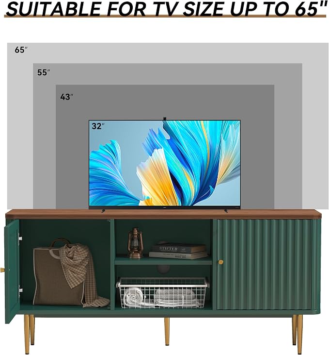 ARTPOWER 55” Fluted TV Stand, Mid Century Modern Green TV Stand - Image 3