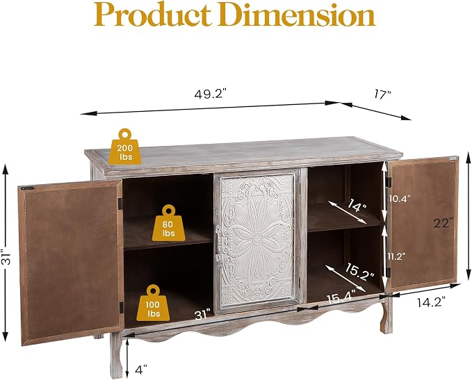 RoyalCraft Buffet Cabinet with Storage, Vintage Solid Wood Sideboard with 3 - Image 2