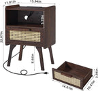 Lerliuo Rattan Nightstand with Charging Station, Walnut Bedside Table with - Image 3