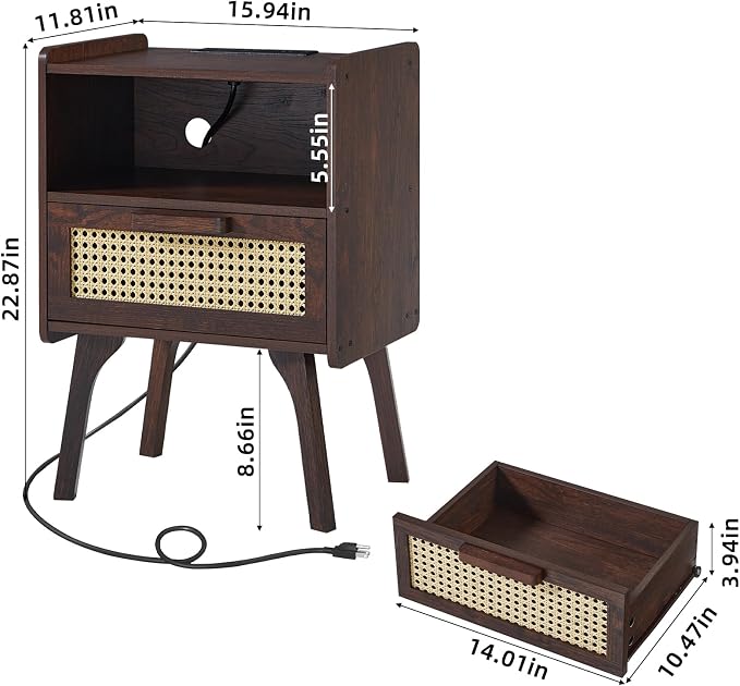 Lerliuo Rattan Nightstand with Charging Station, Walnut Bedside Table with - Image 3