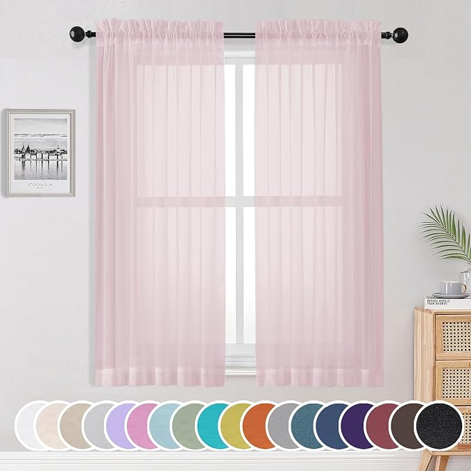 Light Pink Sheer Curtains 63 Inch Length 2 Panels Set by OWENIE