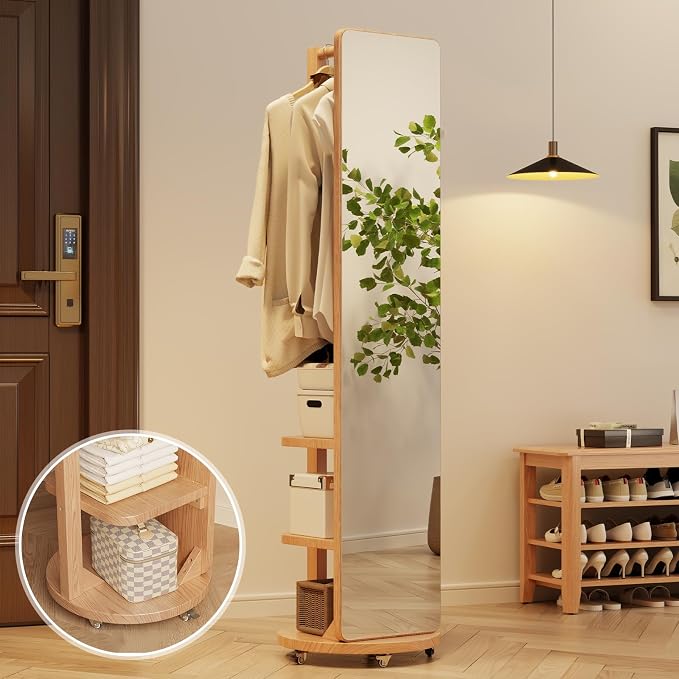 WoodsWhisper Full Length Mirror Coat Rack Solid Wood Floor Mirror 66"x12" Full - Image 7