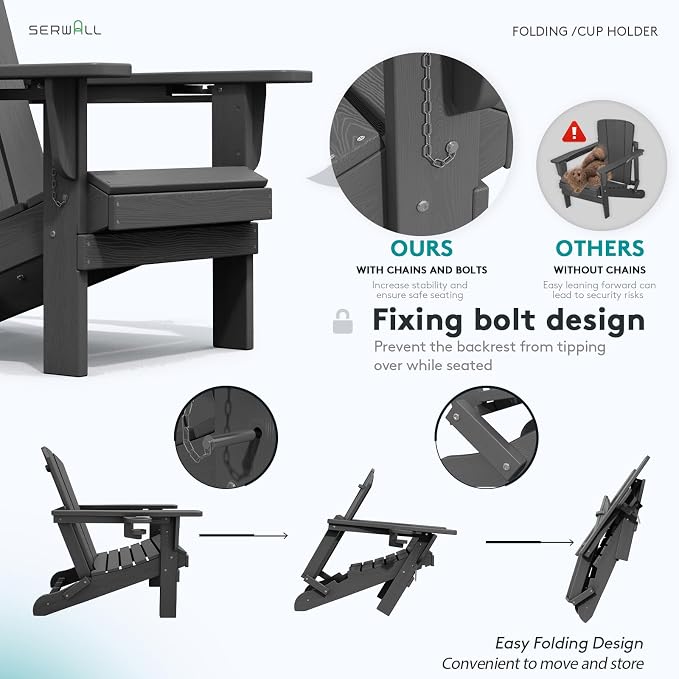 SERWALL Foldable Adirondack Chair, HDPE Adirondack Chair - Image 4
