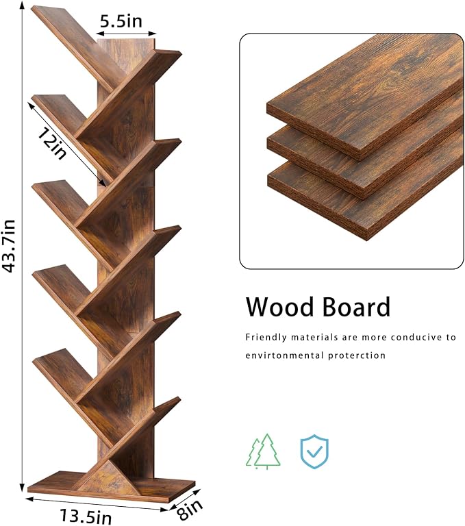 SHEEPAM 10 Tier Tree Book Shelf, Floor Standing Wood Bookshelf - Image 3