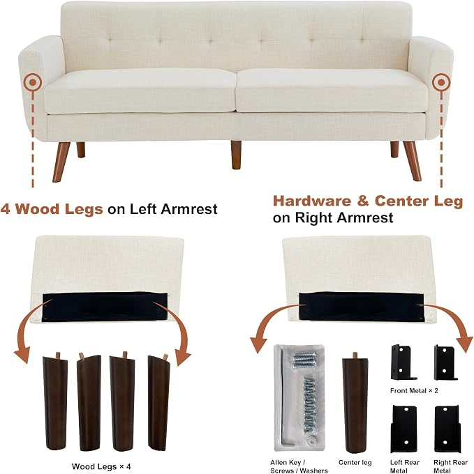 Tbfit 77.2" W Linen Sofa Couch, Mid Century Modern Decor Loveseat Couches - Image 9