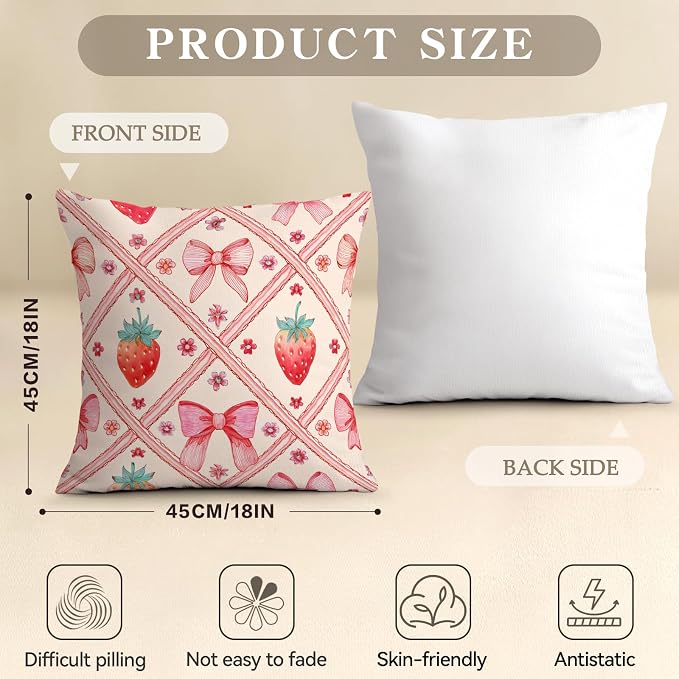 OBSEDE Pink Bow Strawberry Throw Pillow Covers 18 × 18 in, Couch Cushion Cases - Image 3