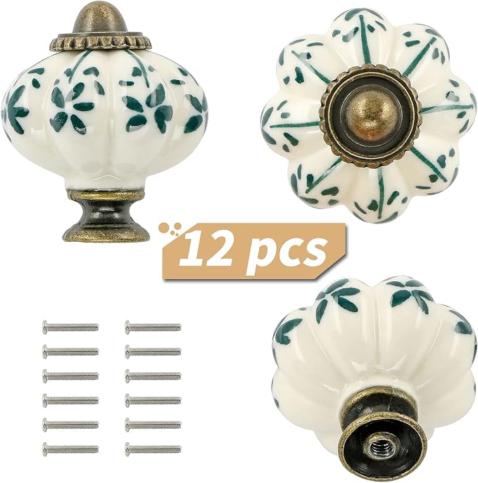 Ivory & Green Pumpkin Knobs 12 Pack Ceramic Cabinet Knobs Vintage Drawer Pulls - Image 2