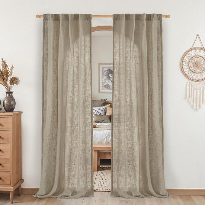 Taupe Linen Boho Curtains 80 inch Length 2 Panels by LAMIT