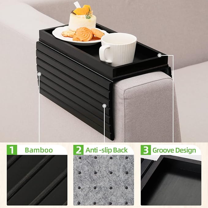 GEHE Bamboo Sofa Arm Tray, Foldable Couch Arm Tray Side Table, Anti-Falling - Image 4