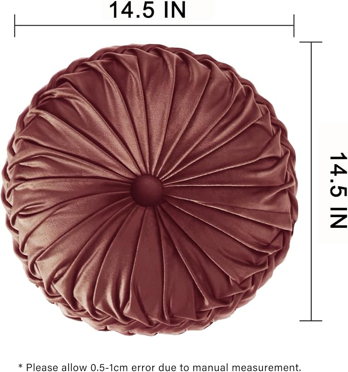 HIG Set of 2 Dusty Rose Velvet Decorative Round Pleated Throw Pillows | Vintage - Image 4