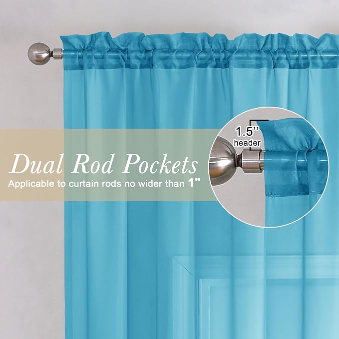 Turquoise Sheer Curtains 63 Inch Length 2 Panels, Voile Light Filtering Living - Image 3