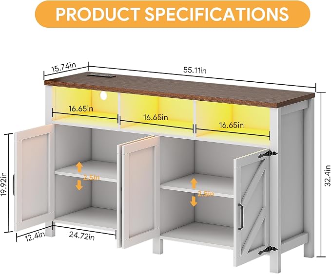 knoworld Buffet Sideboard with Storage with Power Outlets & LED Light 4 Doors - Image 2