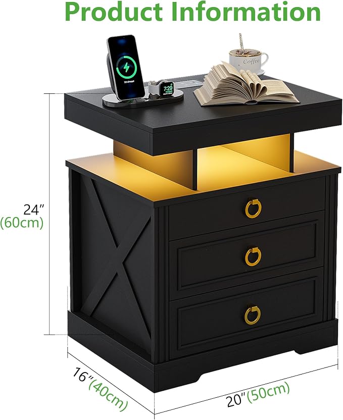 HNEBC Night Stand Set 2 with Gun Drawers, Farmhouse Nightstand with Charging - Image 3