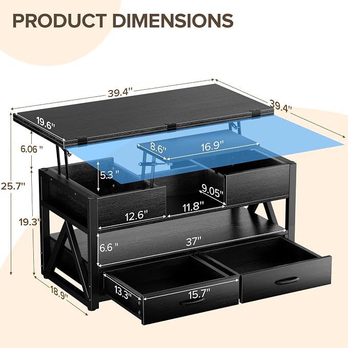 Memobarco 40" Lift Top Coffee Table, 4 in 1 Multi-Function Lift Coffee Tables - Image 2