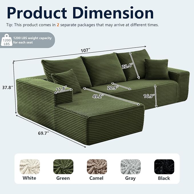 108” Cloud Sectional Couch, Boneless Sofa - Image 2