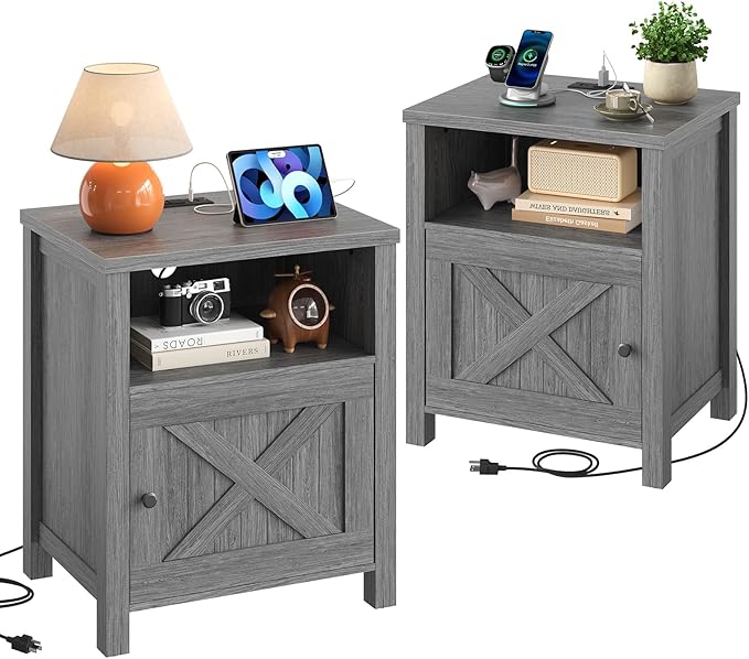 Marsail Farmhouse Nightstand Set of 2, Wood Bedside Table - Image 3