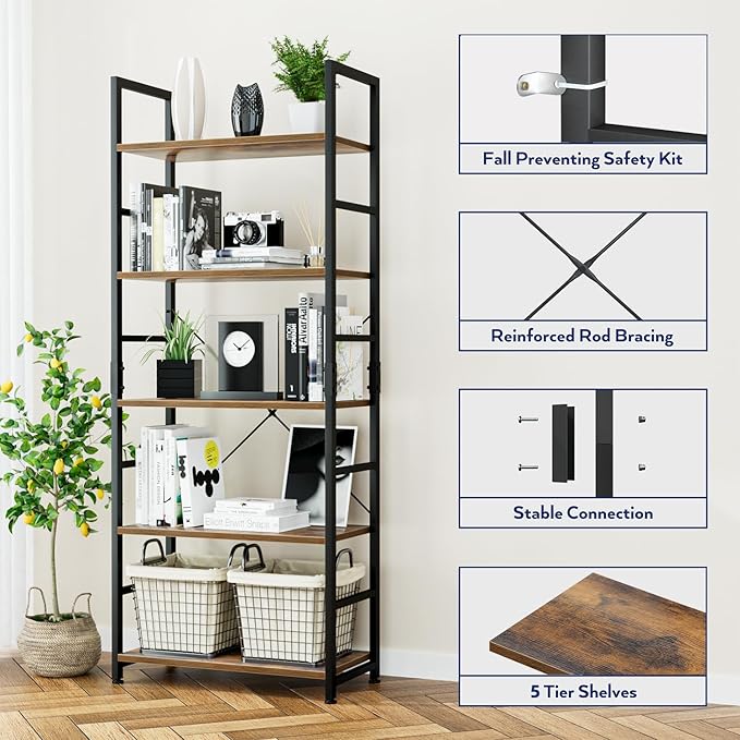 NUMENN 5 Tier Bookshelf, Tall Bookcase Shelf Storage Organizer, Modern Book - Image 5