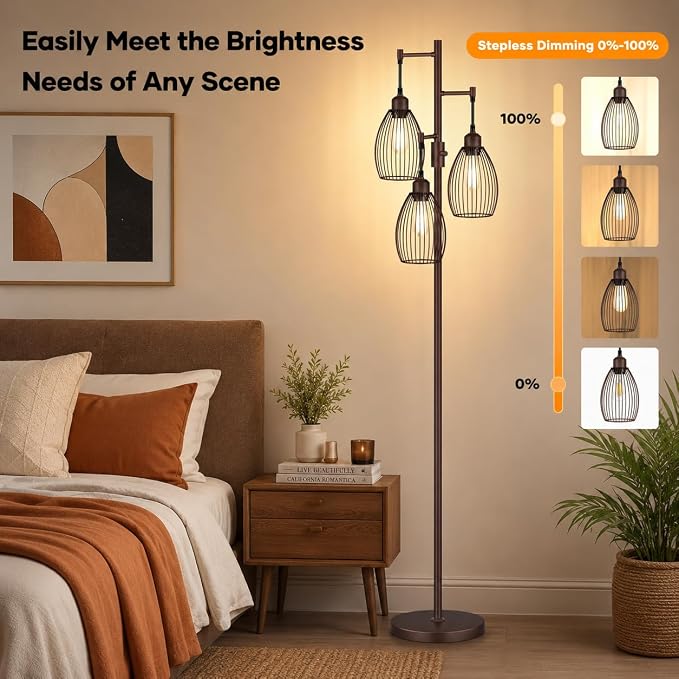 Nintiue Dimmable Floor Lamp, 3x800LM LED Bulbs Included, Farmhouse Industrial - Image 3