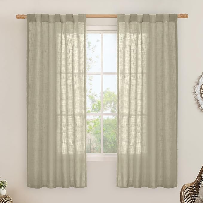 Oatmeal Semi Sheer Window Linen Curtains 63 Inch Length 2 Panels | Light by LAMIT