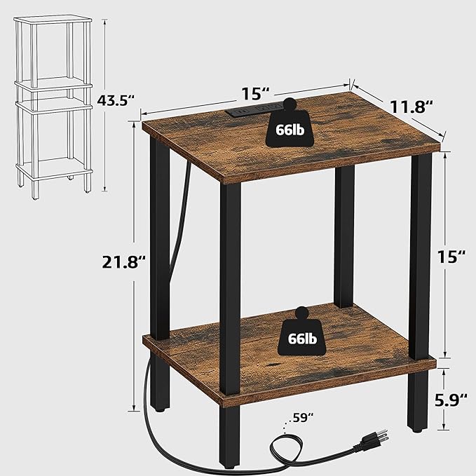 TUTOTAK End Table with Charging Station, Side Table with USB Ports and Outlets - Image 3