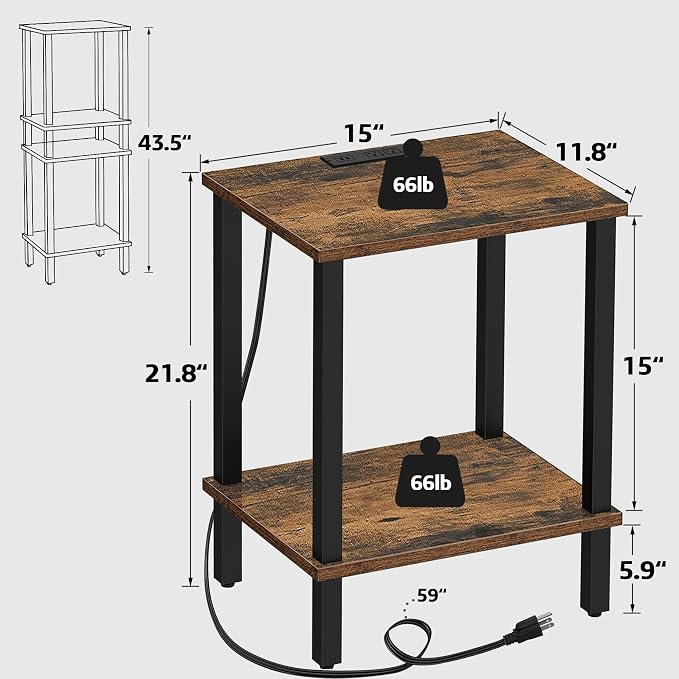 TUTOTAK End Table with Charging Station, Side Table with USB Ports and Outlets - Image 3