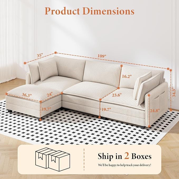 Vesgantti 109" L Shaped Cloud Sectional Couch, Comfy Corduroy Upholstered - Image 2