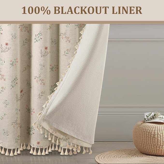 Boho Floral 100% Blackout Curtains 63 Inch 2 Panels Linen Texture | Farmhouse - Image 6