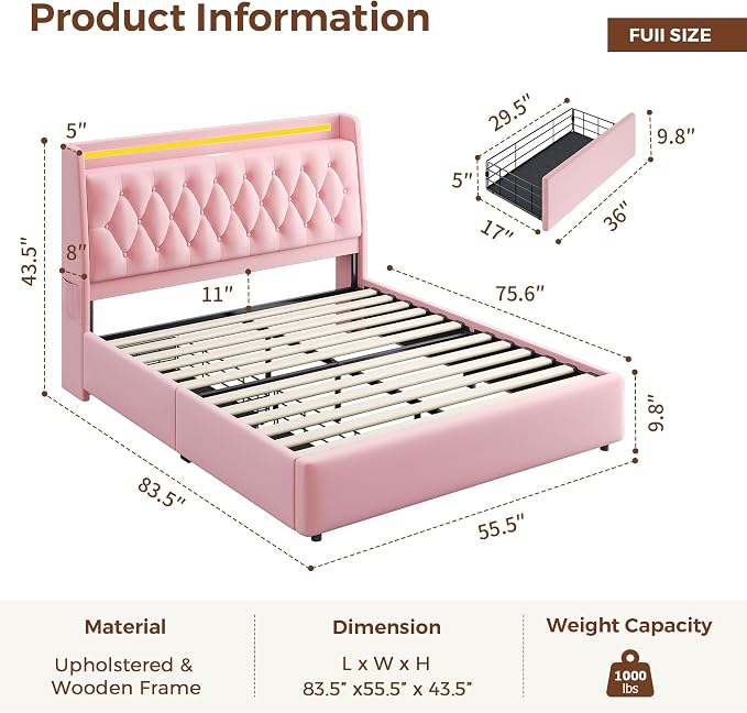Full LED Velvet Bed Frame with 2 Storage Drawers&Hidden Headboard, Upholstered - Image 2