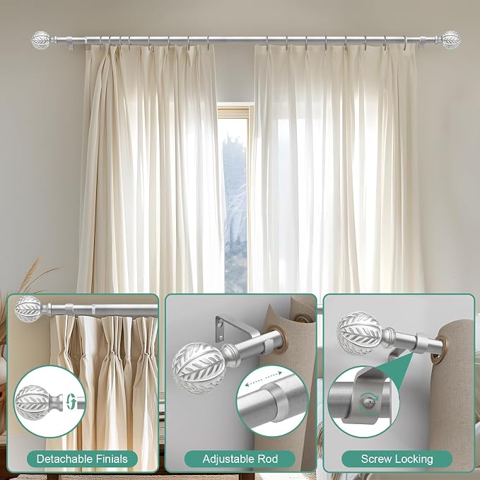 QDWIS Silver Curtain Rods for Windows 48 to 84 inch, Rustic Decorative Drapery - Image 9