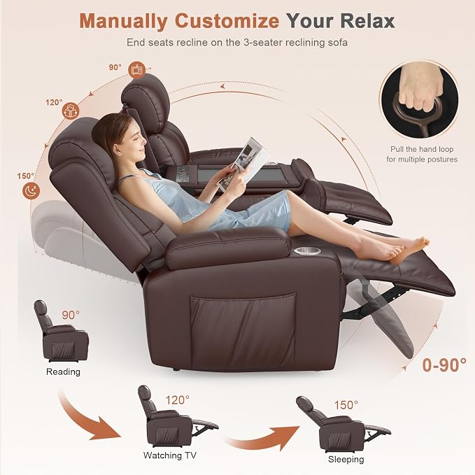 RV Loveseat Recliner Sofa, Built-in Power Strip, Massage Wall Hugger 3-Seater - Image 7