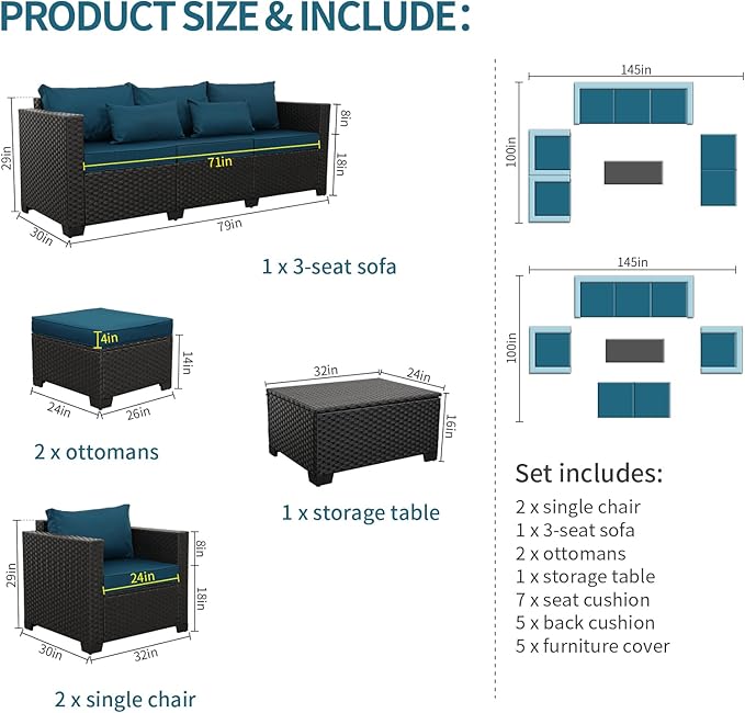 Rattaner Patio Furniture Set 6 Pieces Couch Outdoor Chairs Coffee Table Peacock - Image 4