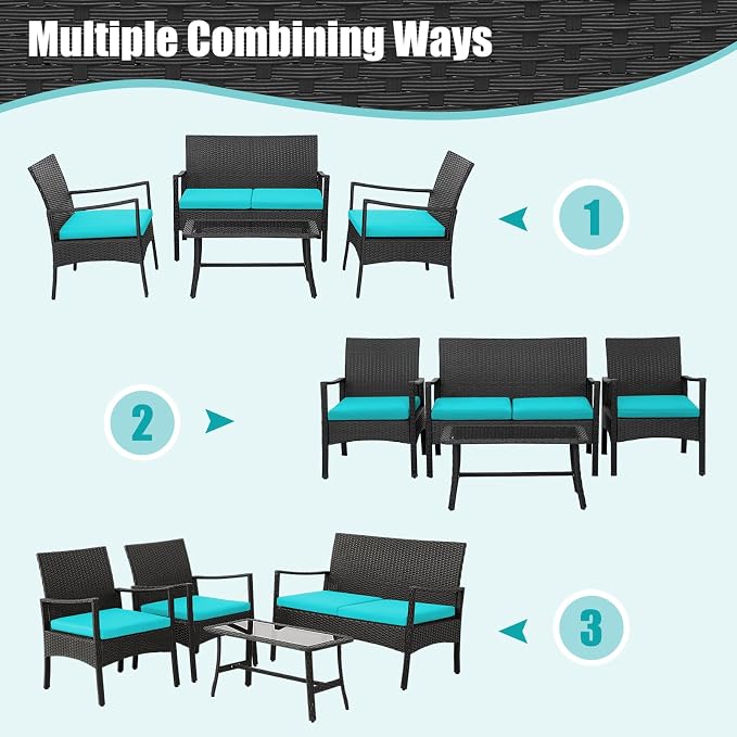 Tangkula 4 Pieces Rattan Conversation Set, Patio Sofa Couch Set - Image 7