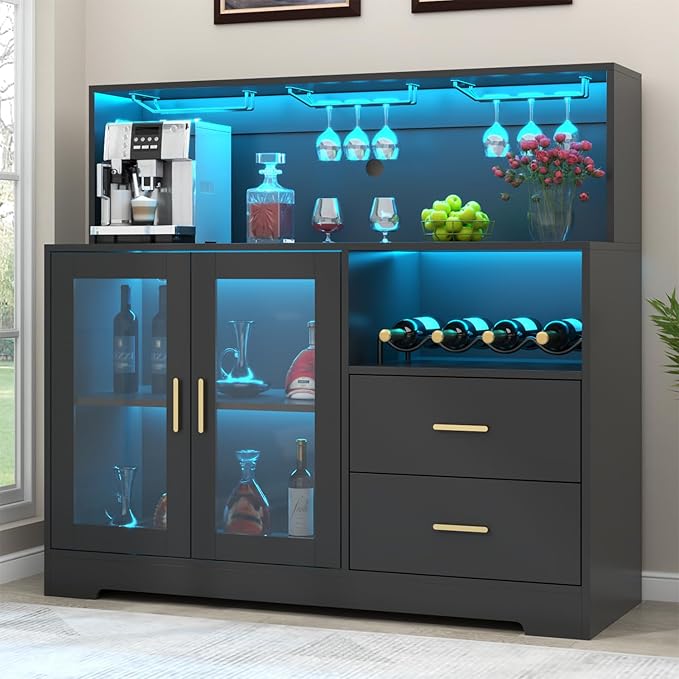 Bar Cabinet for Home with LED Light, Coffee Bar Cabinet with Wine & Glass Rack by AuromieDirect