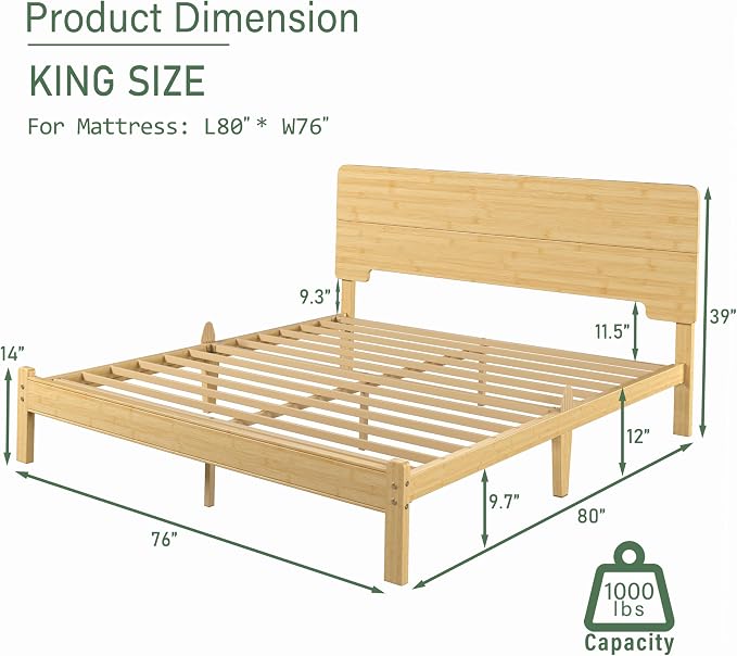 BOSRII 12in High Solid Bamboo Wood Platform King Size Bed Frame - Image 2